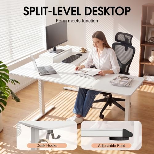 Furmax 63 x 48 Inch L Shaped Standing Desk with 2 Preset Heights, Electric Height Adjustable Computer Table, 2 Hooks & Feet Balance, Corner Sit Stand Desk for Home Office (White, 63 x 48 Inch)