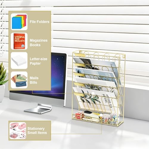 TQVAI Wall File Organizer, 5 Tier Hanging File Organizer with Bottom Tray, No Assembly Required Metal Wall Mount File Holder for Office Home Classroom, Gold
