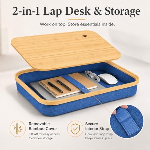 Mayjoy Bamboo Laptop Lap Desk with Storage, Removable Cover, Blue