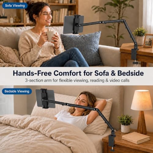 C-Clamp Tablet Mount with 30" Long Arm, Heavy Duty iPad Desk Stand for 4.7-15.6" iPad Pro/Air/Mini, iPhone, Samsung Galaxy Tab, Portable Monitor, 360° Swivel Holder for Office/Kitchen/Bedside