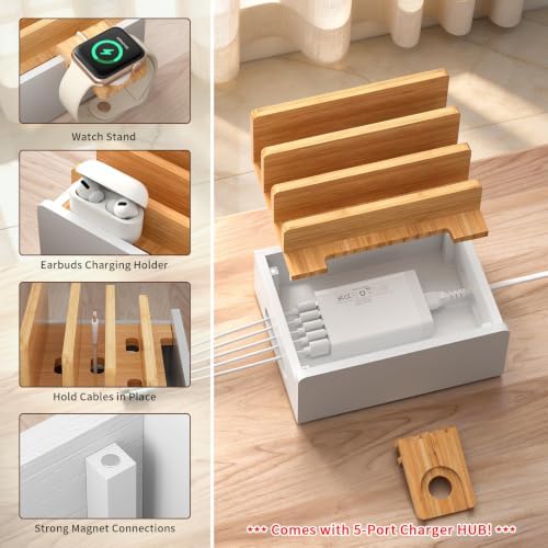 Pezin & Hulin Bamboo Charging Station with USB Charger&Cables-Natural+White