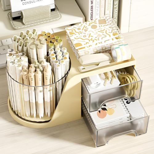 Rotation Pen Holder for Desk Cute Pencil Cup Pot Desktop Organizer and Accessories for Girls Kids Makeup Brush Holder (Beige)