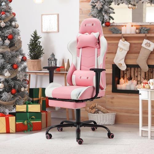 Pink Ergonomic High Back Massage Gaming Chair with Footrest