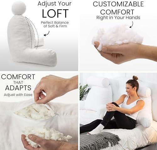 Husband Pillow Medium Reading Pillow with Arms - 23" Backrest for Sitting Up in Bed - Firm Support Bed Rest Pillow for Adults, Neck Roll, Removable Cover - TV, Reading, Lounging - White