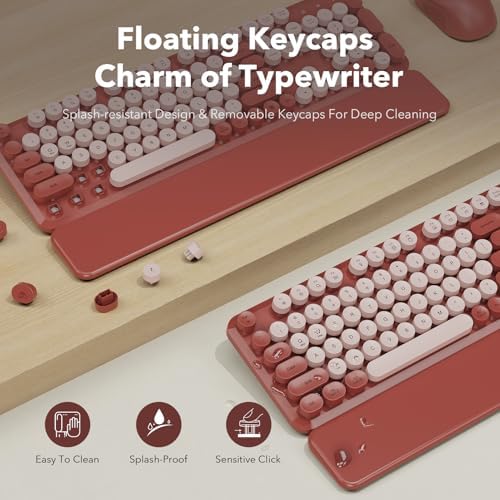 Wireless Keyboard and Mouse Combo, Wine Red Retro Typewriter Style Keyboard with Round Keycaps and Magnetic Wrist Rest, 2.4GHz Wireless for Mac, Windows PC, Laptop, Home Office, School, SABLUTE CK23