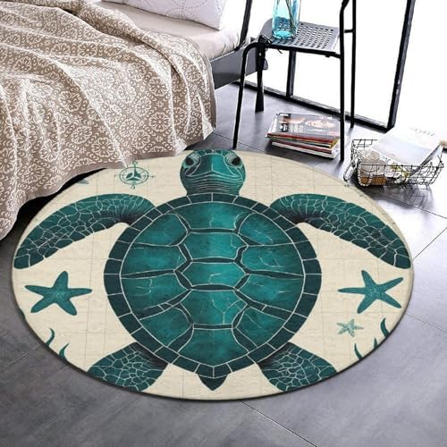 Large Home Decor Mat, Soft Round Yoga Carpet, Non Slip Machine Washable Home Office Circle Rug Vintage Ocean Animal Theme Sea Turtle