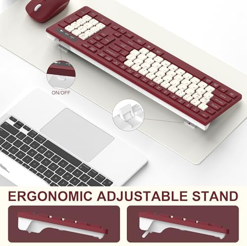 Wireless Keyboard and Mouse Combo Silent for Office and Home(Wine Red-B)