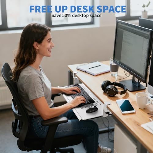 Keyboard Tray Under Desk - Full Metal Slide Out Holder, Rust-Resistant & Scratch-Proof, Double C-Clamps, 26x13" Tray for L Shape/Regular Desks, Standing/Sitting Workstation(White-B)