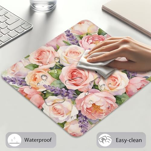 Watercolor Pink Roses Mouse Pad, Purple Lavender Floral Flower Desk Mat