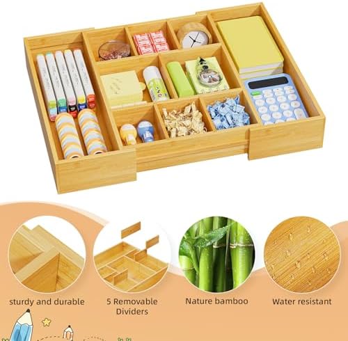 Marbrasse Bamboo Expandable Drawer Organizer, Desk Drawer Organizer Tray with 5 Dividers, Desk Organizers and Accessories, 10 Adjustable Compartments for Office Supplies, Junk, Makeup & Vanity