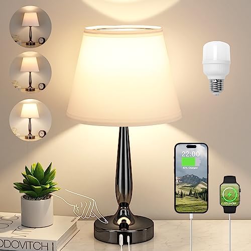 Kakanuo Touch Bedside Lamp for Bedroom with USB C Port, Small Touch Table Lamp with 2 USB Charging Ports, 3 Way Dimmable Nightstand Lamp for Living Room and Office - White (LED Bulb Included)
