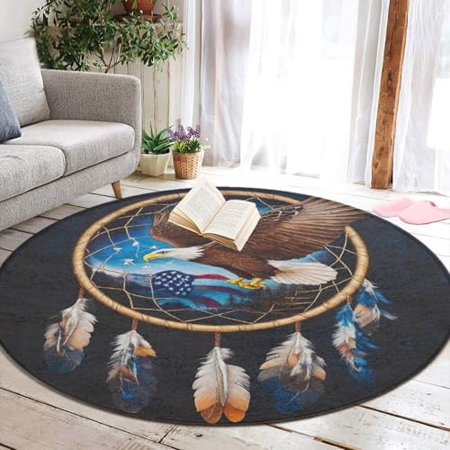 Room Sofa Yoga Soft Round Carpet, Home Decor Non Slip Kitchen Office Circle Rug, Machine Washable Modern Round Area Rug American Flag Boho Totem Native Eagle Dream Catcher, 60inch
