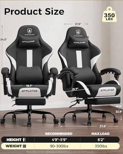 LUCKRACER Big and Tall Gaming Chair, 350Lbs Heavy Duty Office Chairs High Back Computer Chairs with Foot Rest Wide Cushion Lumbar Support Desk Chair Comfy for Adults Breathable Fabric, Light-Black