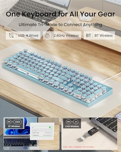 Wireless Typewriter Style Mechanical Keyboard with White Backlit, Blue