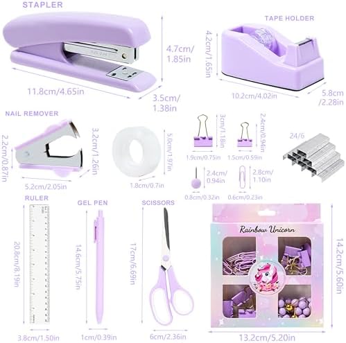 COMFYROOM Desk Accessories with Pen Holder, Office Supplies Desk Organizers and Accessories, Tape Dispenser, Stapler, Staple Remover, Staples, Clips Set, Ruler, Scissor, Pen, Tape (Purple)