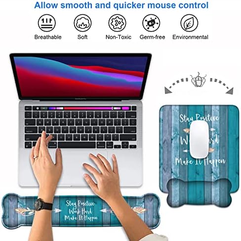 Keyboard Wrist Rest and Mouse Pad Wrist Support Set, Inspirational Quote Stay Positive Work Hard and Make It Happen Non-Slip Rubber PU Base for Home Office Working Studying Easy Typing & Pain Relief