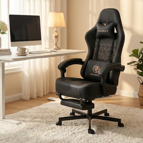 Office Chair for Home Office, Ergonomic Wide Seat Desk Chair with Pocket Spring Cushion, Breathable Leather Gaming Chair with Adjustable Headrest and Retractable Footrest，Black