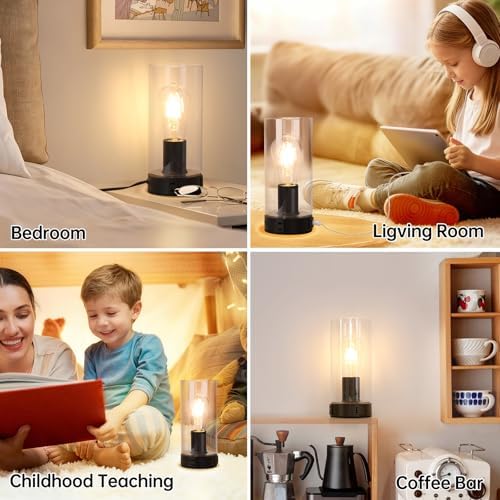 Touch Control Bedside Lamp with Charging Station, Black Small Table Lamp