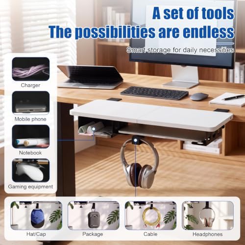 Novabright 24" x 12" Desk Extender Tray with Side Storage Rack Heavy Duty Desk Extender Under Desks Laptop Mount Keyboard Extenders for Desks with a Concealed Storage Area for Cable & Earphone (White)