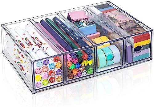 Desk Organizer with 4 Drawers, Stackable Desktop Storage Box