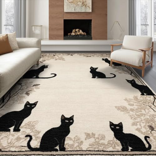 8'x10' Black Cat Taupe Design with Motifs Washable Area Rug