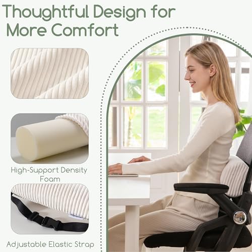HIGOGOGO Lumbar Roll Lumbar Support Pillow for Office Chairs, Cars, and Gaming Chairs, Back Cushion with Washable Cover & Adjustable Strap to Relieve Back Pain and Improve Posture, 15"x6"x5", Beige