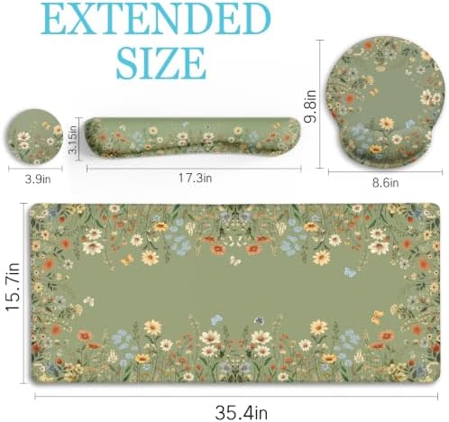 LIMKRIAN Floral Desk Mat Set, Cute Green Desk Accessories Gifts for Women