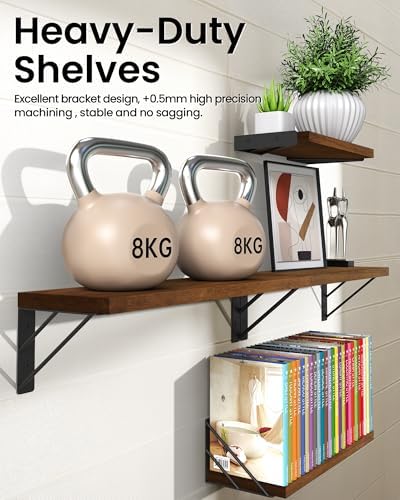 BAYKA Wall Mounted Floating Shelves (Dark Brown, Set of 4, 16" Mixed)
