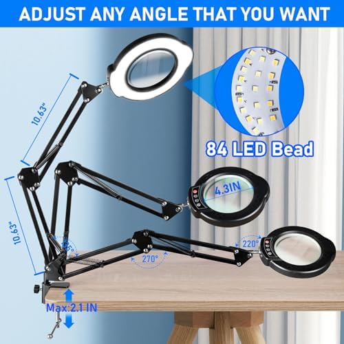 10X Magnifying Glass with Light and Stand, LED Desk Lamp with Clamp, 5 Color Mode, 10 Dimmable Levels, Hands Free for Reading Crafts Jewelry Sewing Close Work