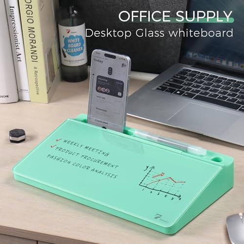 TOWON Compact Glass Desktop Whiteboard with Storage 12x7 in, Mint Green