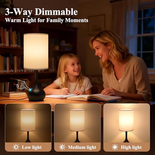 ONEWISH Touch Bedside Lamp for Bedroom, 3-Way Dimmable Table Lamps for Nightstand, White Fabric Shade Desk Lamp for Kids Reading, Living Room, Home Office