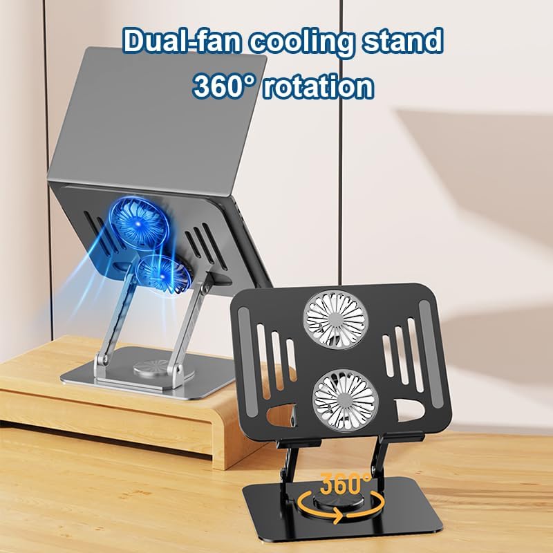 Laptop Cooling Stand with Fan, 360° Rotating Base, Adjustable Height, Portable Notebook Riser for Desk Gaming, Office, Movie Watching & Screen Sharing, Fits Up to 17 Inch Laptops