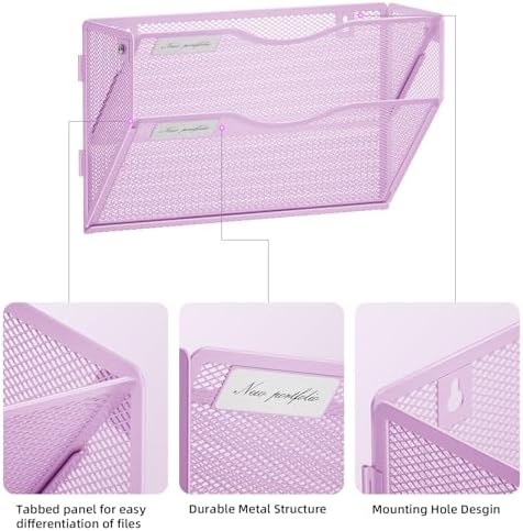 Marbrasse Wall File Holder 2-Tier Hanging Wall File Organizer, Mesh Mail Holder for Papers, Wall Mount File Clipboard & Magazine Organizer Great for Office Home (Purple)