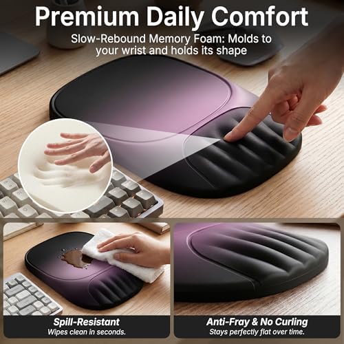 Ergonomic Mouse Pad with Wrist Rest, Sloped Memory Foam Mousepad with Wrist Support, Cooling Channels, Non-Slip Base, Smooth Lycra Surface for Office, Gaming & Home Desk (Galactic Purple)