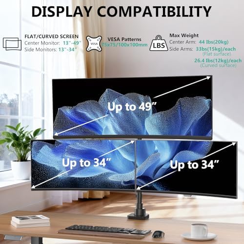 WALI Triple Monitor Mount - Extra Tall 3 Monitor Desk Mount for 17-49 Inch Ultrawide Screens, Up to 44 lbs, Fully Adjustable Heavy Duty Monitor Arm, VESA 75/100 mm (GSDM003-P), Black