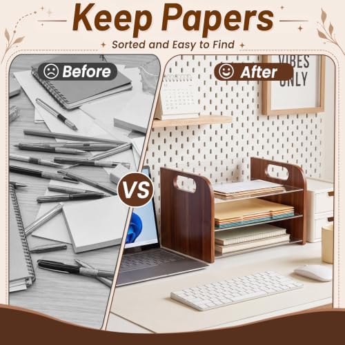 Marsui 3 Tier Desk Paper File Organizer, Acacia & Acrylic Letter Tray