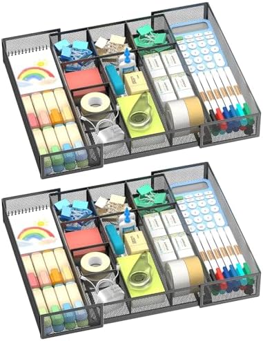 2 Pack Expandable Desk Drawer Organizer, 10 Compartments, Black