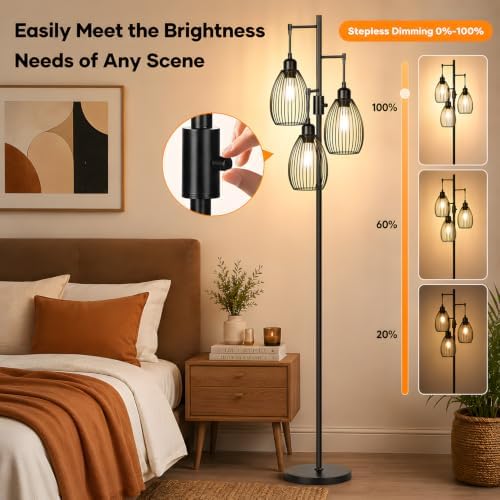 Dimmable Floor Lamp, 3 x 800LM LED Edison Bulbs Included, Farmhouse Industrial Floor Lamp Standing Tree Lamp with Elegant Teardrop Cage Tall Lamps for Living Room Bedroom Office Dining Room-Black