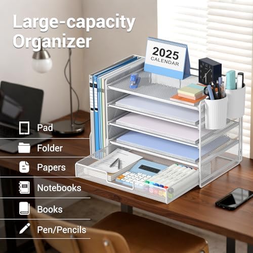 OPNICE Desk Organizer, 5-Tier Desktop File Organizer with Drawer and Pen Holders, Office Desk Accessories, File Sorters, Workspace Organizers for Office Supplies(White)