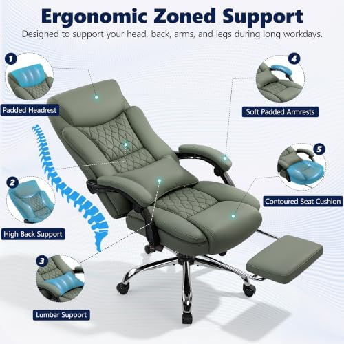 Ergonomic Executive Office Chair PU Leather High Back, 400lbs Heavy Duty Reclining Desk Chair with Footrest, Adjustable Lumbar Support, Padded Armrests, Wide Seat, Green