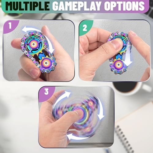 Metal Fidget Spinner Toys for Teens Boys Adults Bike Chain Roller Gadgets ADHD Figette Anxiety Stress Relief Items Quiet Figet Desk Offices EDC Men Easter Basket Stuffer - Rainbow+Silver