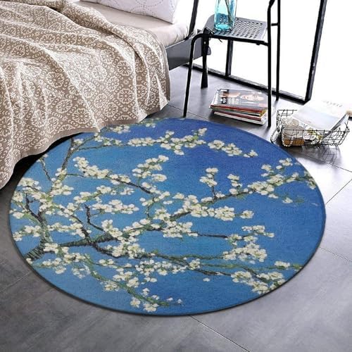 Home Decor Non Slip Kitchen Office Circle Rug, Machine Washable Modern Round Area Rug, Room Sofa Yoga Soft Round Carpet Beautiful Apricot Flower Blossom Art, 60inch