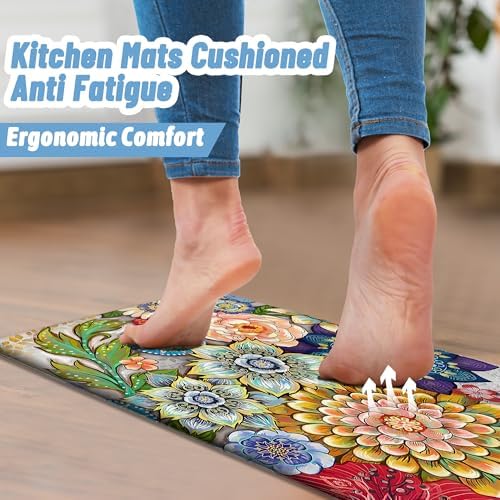 Boho Floral Kitchen Rugs Mats for Floor 2 Piece Cushioned Anti Fatigue Memory Foam Mat Non Slip Standing Desk Padded Comfort Standing Mat, 17.3x28+17.3x47 Inch - 1/2 Inch Thick