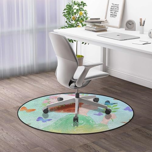 Girl in Flowers Round Carpet Chair Mat for Hardwood Floors, Anime Nature Harmony Multi-Purpose Office & Gaming Chair Protector, Soft Floor Mat for Living Room & Study, Diameter 39.4 in