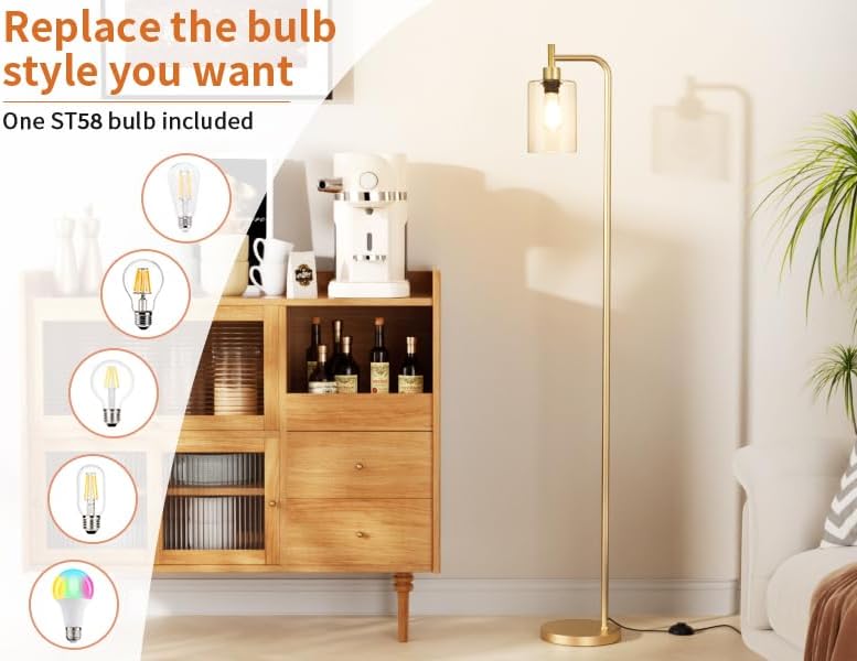 Ziisee Floor Lamps for Living Room - Industrial Standing Lamp with Glass Shade, Modern Gold Floor Lamp with LED Bulbs, Farmhouse Floor Lamp for Bedroom, Tall Lamp for Office - Gold