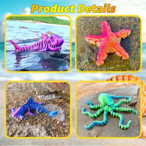 6Pcs 3D Printed Fidget Toys, Sea Animals,Articulated 3D Printed Octopus, Starfish,Flexible, Cool 3D Printed Stuff for Desk Decor Kids Adults for Boys Kids Teen 5-7 4-6 8-12
