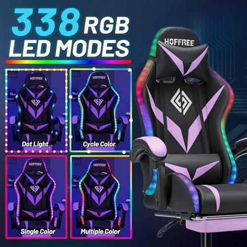 Gaming Chair with Bluetooth Speakers RGB LED Lights Computer Chair-Purple