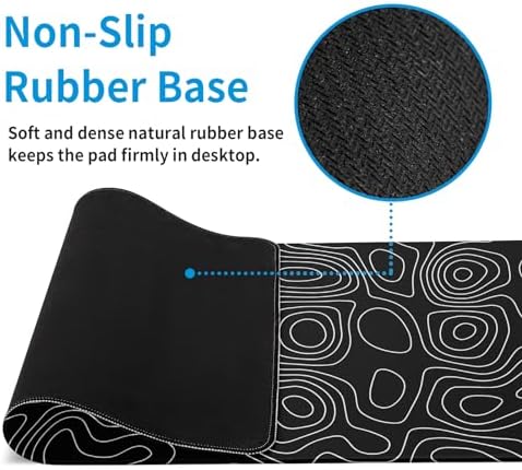 Black Topography Contour Gaming Mouse Pad Large Anime Topographic Map Mousepad Extended Mouse Pad Gaming Big Desk Pad Keyboard Pad with Stitched Edge Non-Slip Rubber Base