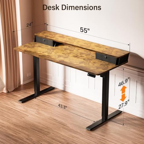 Kingant 55x24 Inch Electric Standing Desk with Dual Drawers, Rustic Brown