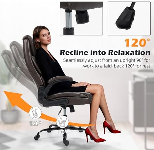 Office Chair - Ergonomic High Back Computer Desk Chair with Rocking Function & Lumbar Support - Executive Comfortable Wide Swivel Rolling Office Leather Chair with Flip-up Armrests for Home Gaming